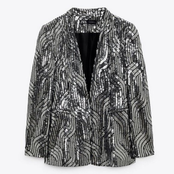 NWT ZARA SILVER LAPELLESS SEQUIN BLAZER JACKET COAT SIZE L M 9355/657 Evening - Picture 6 of 9